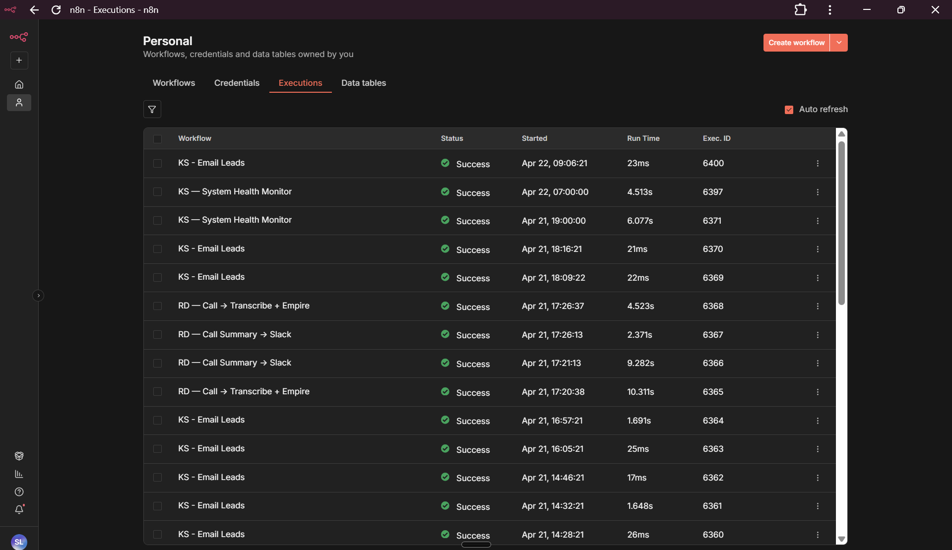 n8n executions log showing thousands of successful workflow runs including RD Call Transcribe, RD Call Summary to Slack, KS Email Leads, KS System Health Monitor